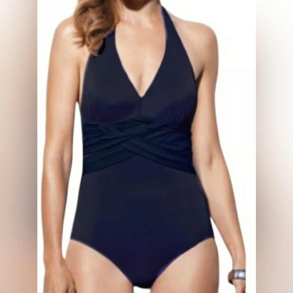 SPANX Black One-Piece Swimsuit with Flattering Criss Cross Ruching Sz 12